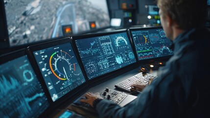 A wideangle view of a modern engine monitoring system integrated into a ships command center featuring multiple screens with realtime data visuals and a user interface that includes