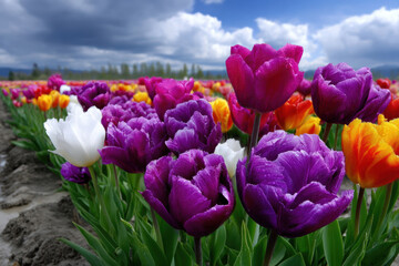 Obraz premium Colorful tulip field in bloom during a sunny day under a cloudy sky