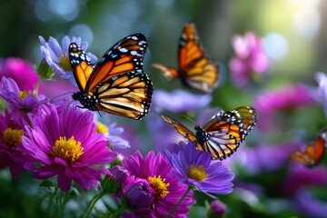 Fototapeta premium Monarch butterflies flutter among colorful flowers in a vibrant garden setting