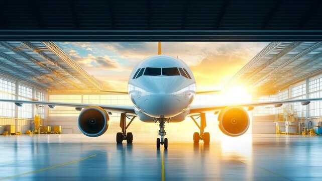 Airplane hangar sunrise modern travel aviation transportation commercial airport engineering with front view of airplane hangar, sunrise light, metallic aircraft, innovation technology, spacious