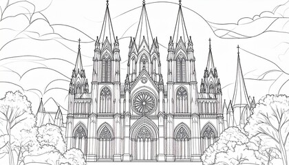 Fototapeta premium Elegant line drawing of cathedral spires rising above the forest in a gothic artistic style