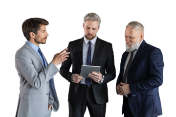 Three business people discussing work together using a tablet on a transparent background