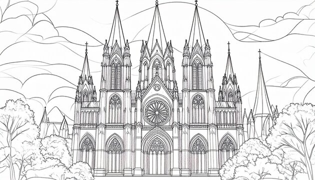 Elegant line drawing of cathedral spires rising above the forest in a gothic artistic style