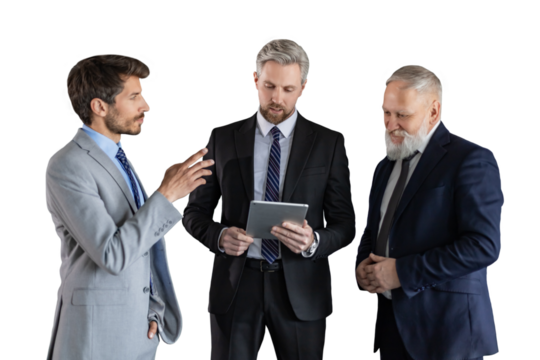 Three business people discussing work together using a tablet on a transparent background