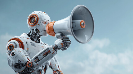 A futuristic AI robot agent uses a megaphone loudspeaker for broadcasting an announcement, advertising communication, and marketing with artificial intelligence and agentic autonomy AI robot, futurist