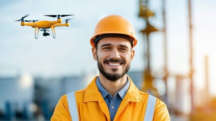 Smiling engineer man in orange safety helmet and reflective jacket at construction site with drone flying in background, worker demonstrates technology, safety, and innovation concepts - Powered by Adobe