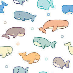 Obraz premium Seamless Pattern with Cartoon Whale Design on White Background. Hand Drawn Vector Illustration. 