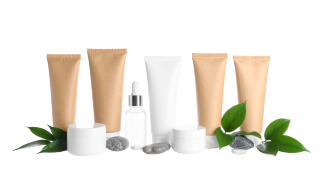 Set of eco-friendly cosmetic packaging with tubes and glass bottles on a white background and green leaves. - Powered by Adobe
