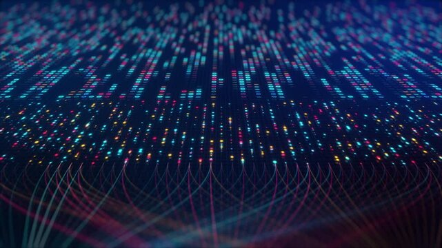 Neural Network Big Data Flow Visualization, Binary Code Matrix, AI Machine Learning Abstract Background, Quantum Computing, Cyber Security, Futuristic Technology Artificial Intelligence Digital Grid