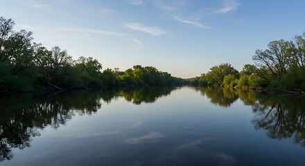 Fototapeta premium A calm river flows between lush green trees under a blue sky with scattered clouds.