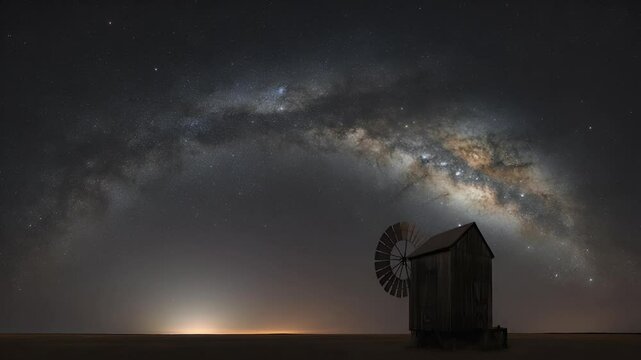 Milky way galaxy arcing over rural windmill at night