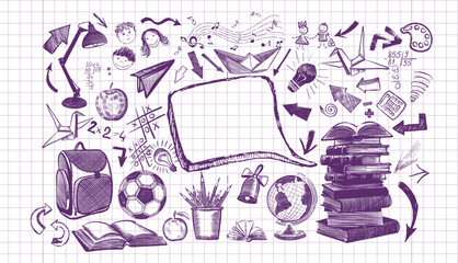 Welcome Back to school horizontal banner, doodle on checkered paper background, vector illustration. Drawing with a blue pen on a notebook sheet . Handmade, not AI Vector illustration.