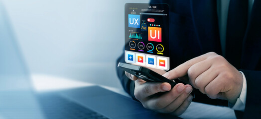 UX-UI design web and user design development.Holographic UI-UX, display icons of UX-UI designer,...