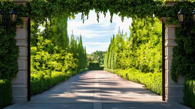 A pair of ornate wrought-iron gates surrounded by lush greenery, leading to a paved pathway with tall trees on either side.