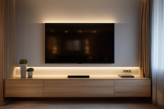 Minimalist living room setup featuring a large screen tv and a wooden tv stand with led lights