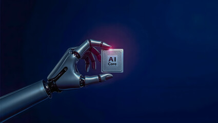 Robotic Hand Holding AI Core Microchip on Futuristic Background