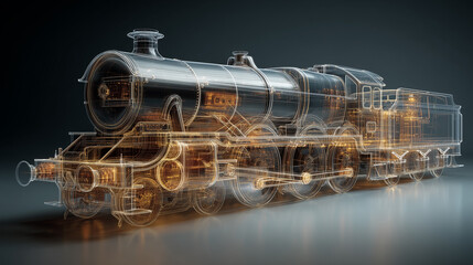 A holographic representation showcases the intricate evolution of steam locomotives, demonstrating the blend of history and technology in 2023.