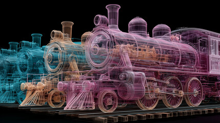 A holographic representation showcases the intricate evolution of steam locomotives, demonstrating the blend of history and technology in 2023.