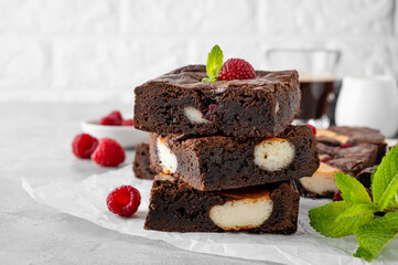 Cheesecake brownies with raspberry on a gray concrete background. Delicious dessert