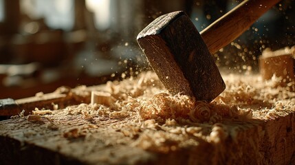 Skilled carpenter shaping timber with a modern hammer in a sunlit woodworking studio