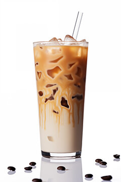 Iced latte in a glass with a straw and coffee beans on a white background