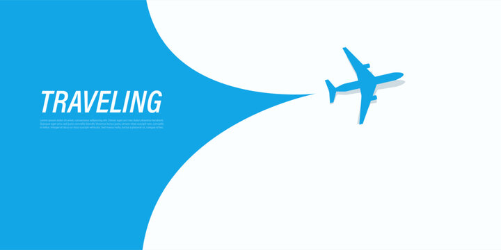 An Airplane Silhouette Opens Up the Translucent Cover Background Over the Text: Traveling. Blue Template Banner for Trip to Abroad or Vacation Web Ads. Discovering Around the World Travel Concept