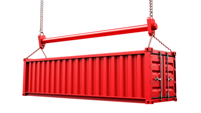 A vibrant red shipping container hangs suspended by chains Isolated on transparent Background 