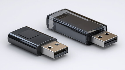 Black USB flash drive isolated on transparent background with cap open, close-up