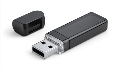 Black USB flash drive isolated on transparent background with cap open, close-up