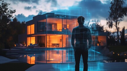 A futuristic real estate agent showcasing a virtual home with a holographic avatar 