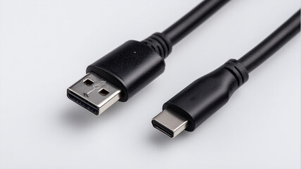 close up of Connector micro-USB, USB with cable, isolated on white background. Black cable for data transfer between device