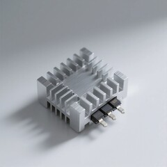 A small aluminum heatsink for transistors, isolated on white, photorealistic, top-down view