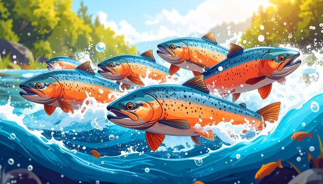 Group of salmon swimming together in a river during a fun upstream swimming class
