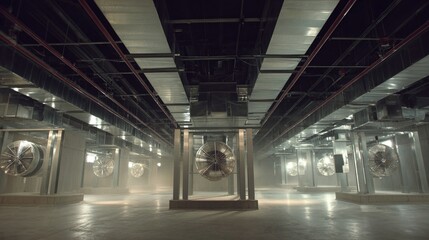 Obraz premium An innovative ventilation system integrated into the battery room showcasing highefficiency fans and strategically placed air ducts. The design prioritizes thermal management ensuring