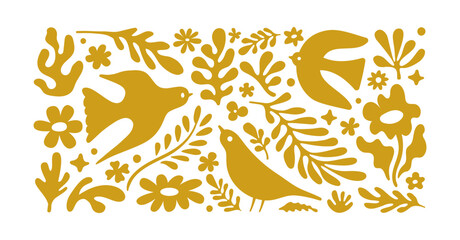 Vector illustration in simple hand drawn and linocut style - natural print, poster or logo design template - spring illustration - birds and flowers