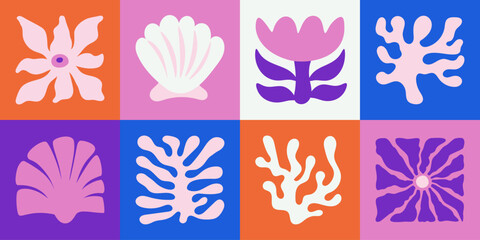 Vector shapes in simple floral wavy and groovy naive style, ocean and vacation theme, flowers and plants, floral botanic hand drawn design templates, modern art prints, surface design