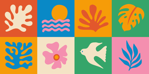 Vector shapes in simple floral wavy and groovy naive style, ocean and vacation theme, flowers and plants, floral botanic hand drawn design templates, modern art prints, surface design