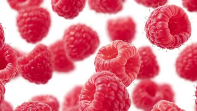 A scattering of fresh raspberries against a bright white background in a close up view