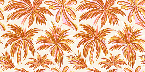 Vector seamless pattern in simple floral wavy and groovy naive style, flowers and plants, floral botanic hand drawn design templates, modern art prints, surface design, holiday and beach theme