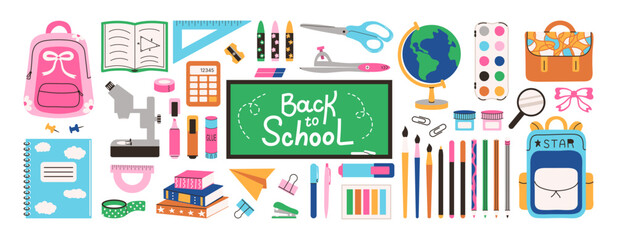 School Supplies set elements in flat style. Welcome Back to school cute hand drawn decoration for poster banner sale card. Stationery goods for study. Backpack, microscope, blackboard, pens, notebook.
