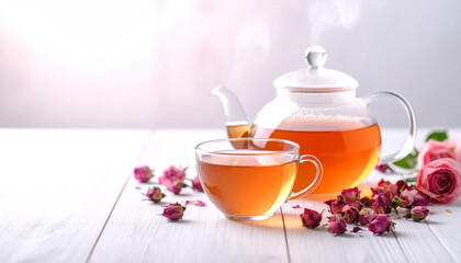 Transparent teapot and cup filled with rose herbal tea, steam rising gently with dried rose buds around