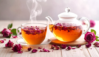 Transparent teapot and cup filled with rose herbal tea, steam rising gently with dried rose buds around