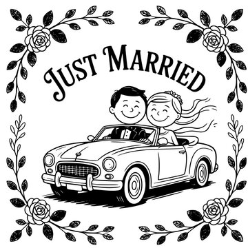 Just married car decorated with flowers and banner &mdash; perfect romantic wedding vector illustration, newlywed celebration clipart, and love-themed design