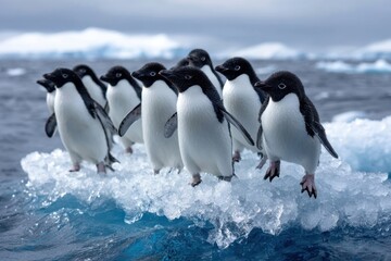 Obraz premium Group of penguins standing on ice in the Antarctic waters during a cloudy afternoon