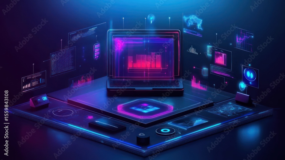 Poster advanced digital data visualization with neon platform and connected virtual screens