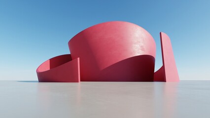 Abstract red curved architecture background, Empty wavy dynamic building space with empty concrete floor, Futuristic modern exterior for car presentation backdrop, 3d rendering