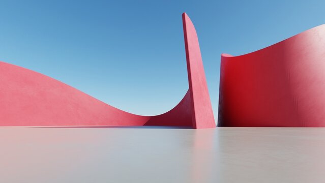Abstract red curved architecture background, Empty wavy dynamic building space with empty concrete floor, Futuristic modern exterior for car presentation backdrop, 3d rendering