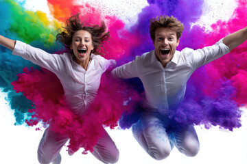 Joyful couple jumping in colorful powder explosion during outdoor celebration event
