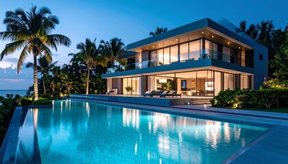 Fototapeta premium Elegant modern villa at night with pool and palm trees framed with copy space on the left