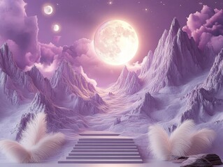 Naklejka premium Fantasy landscape moonlit mountains clouds dreamy scene ethereal backdrop serene view art